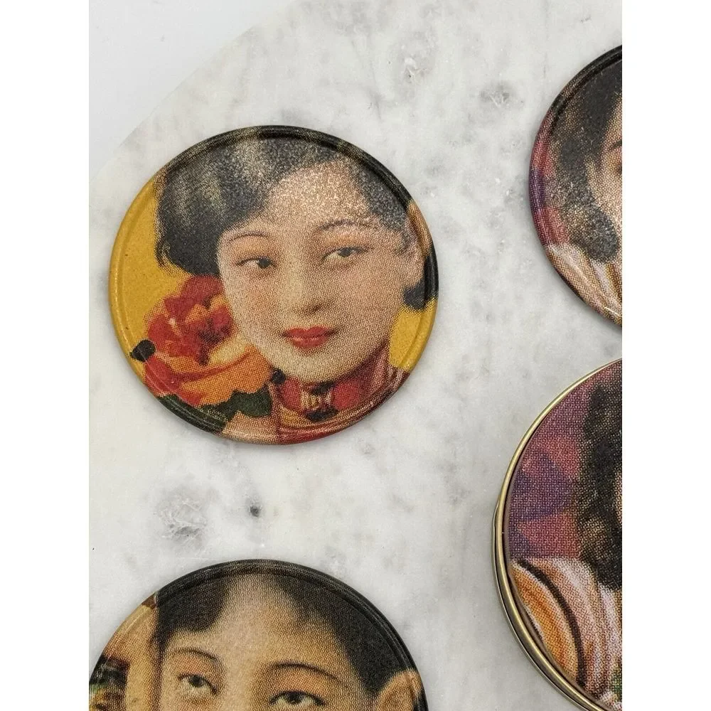 Vintage Coasters Set Alan Chan Creations Metal W/ Cork Back‎ & Storage Tin